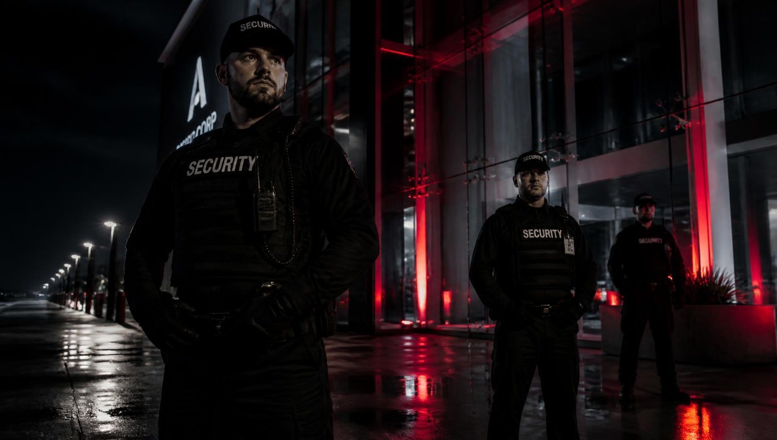 Professional security team protecting an office building at night